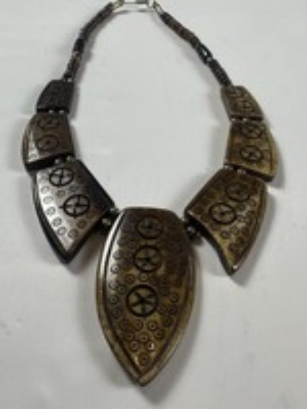 Vintage 1970s Carved Wood Horn Tribal Statement Necklace Bib Ethnic Choker 20"
